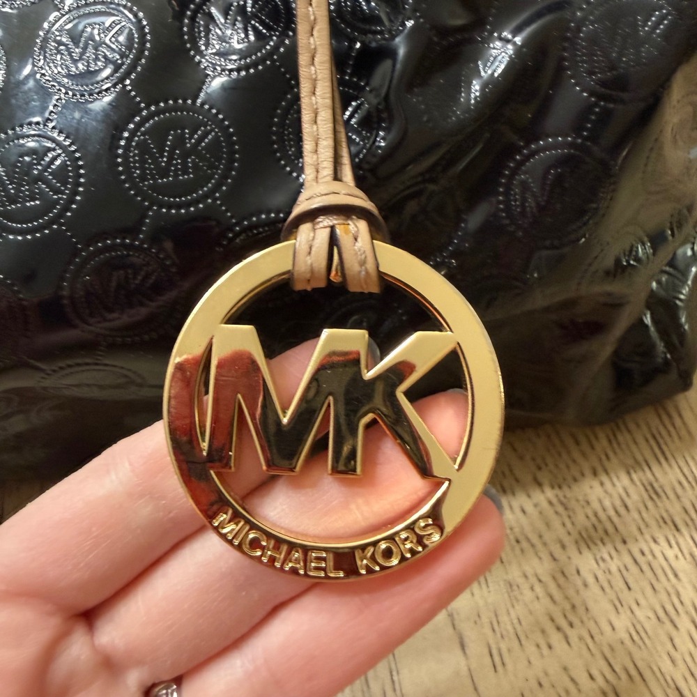 Michael Kors Grayson Black Patent Leather Monogram Satchel Handbag Gold Hardware - Picture 10 of 16